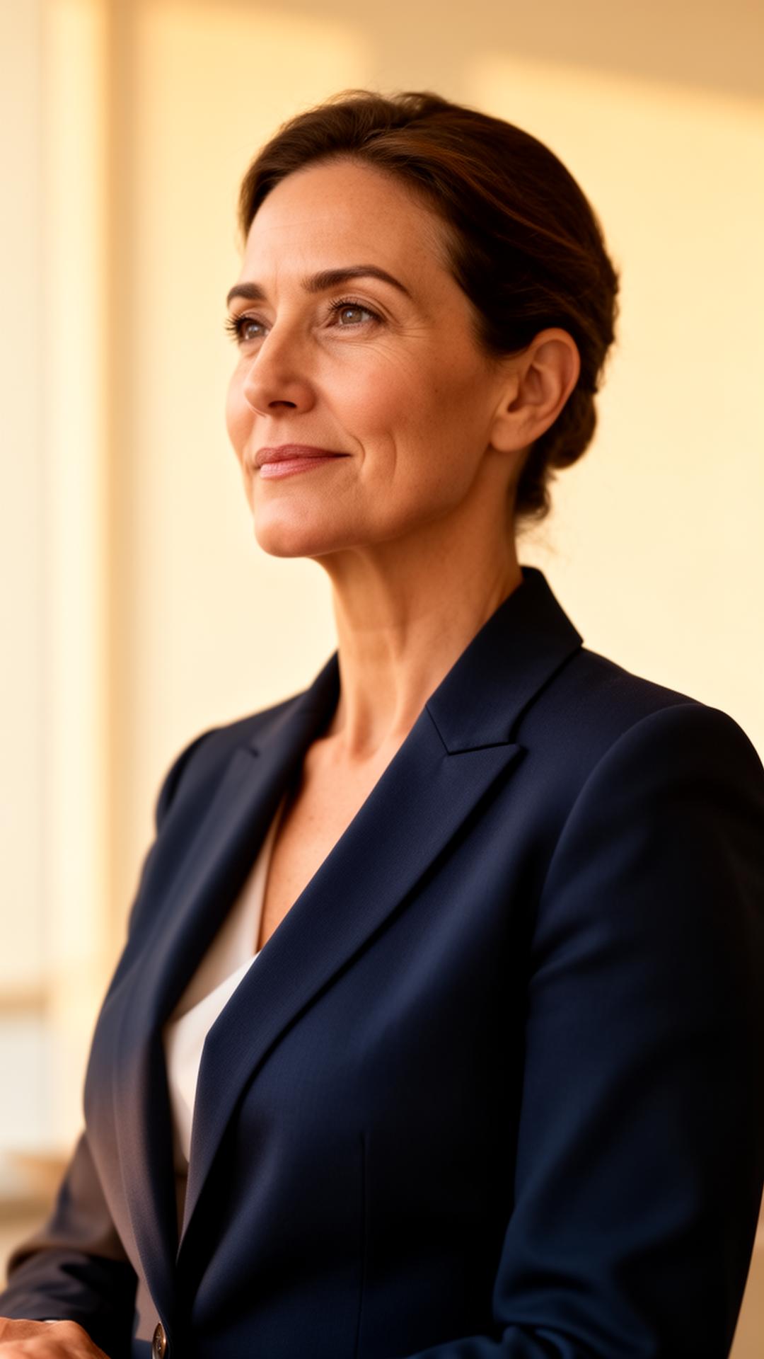 A senior payroll strategist looking thoughtfully out a sunlit window