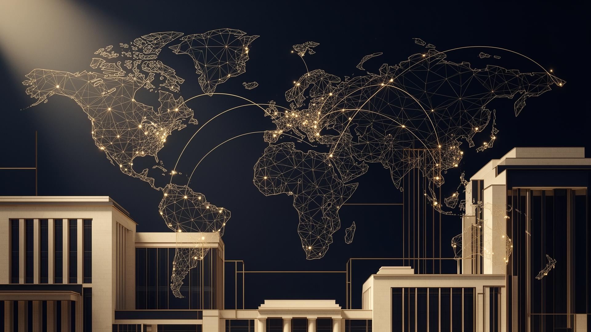 Abstract architectural composition with a luminous global connectivity map representing Payroll Strategy Partners' worldwide footprint
