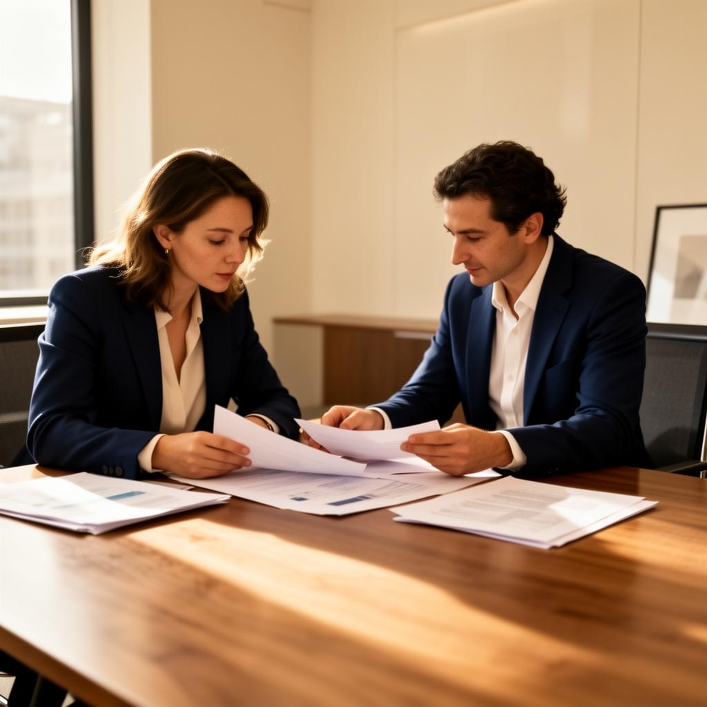 Two consultants reviewing payroll documentation in a sunlit office